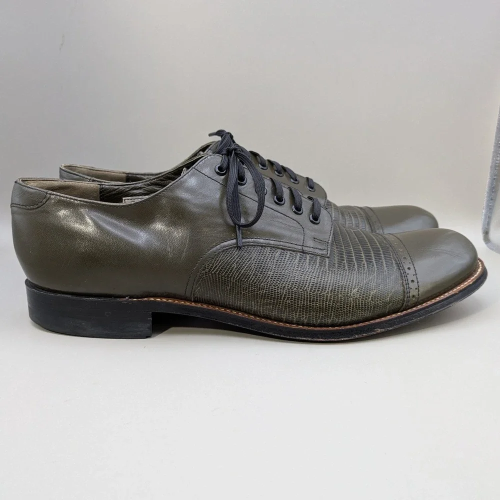 VTG Stacy Adams Madison Olive Green Leather Oxfords Faux Lizard Mens 9.5 D